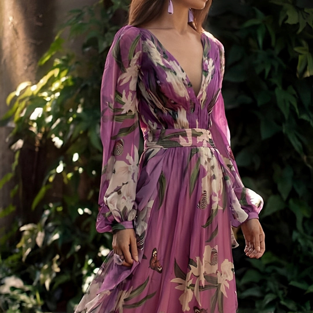 Women's Maxi Dress – Purple Silk Floral Print V-Neck Long Sleeve Flowing, Bohemian Elegant-83189-26e2d5b3-bfe6-4adb-b13d-df45ab47d15a