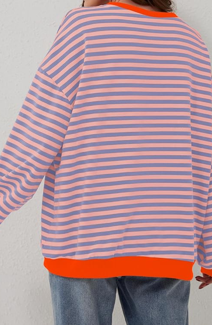 Women's Striped Knit Sweatshirt - Oversized, Long Sleeve, Contrast Trim-81356-27a68d05-eee0-4e1e-9fff-9733d2a4be18