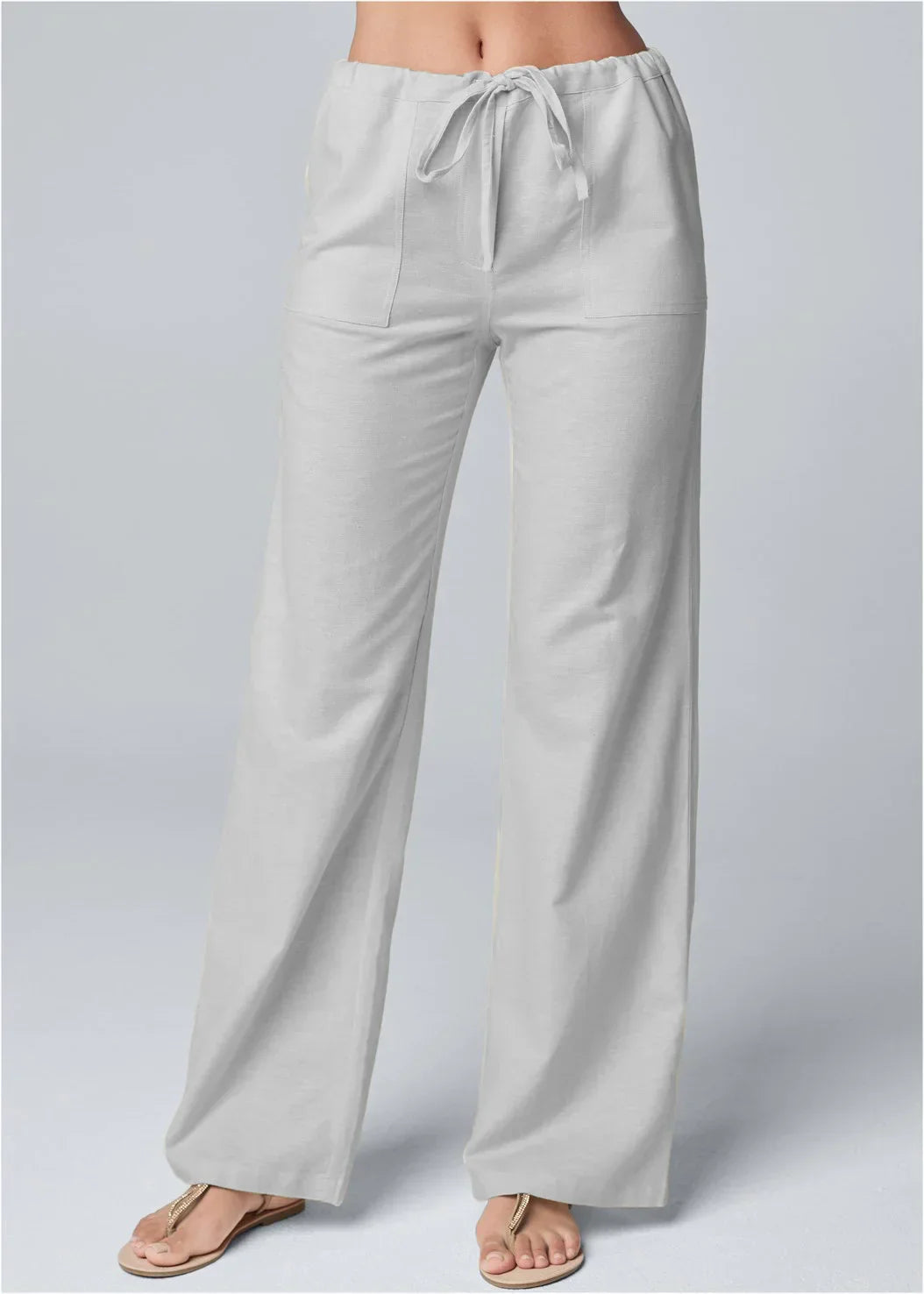 Women's Wide-Leg Linen Blend Pants - Drawstring Waist, Relaxed Fit, Beige Black White Gray-83219-29f0a918-d92b-4aaa-8d8e-e4ee790f9a16
