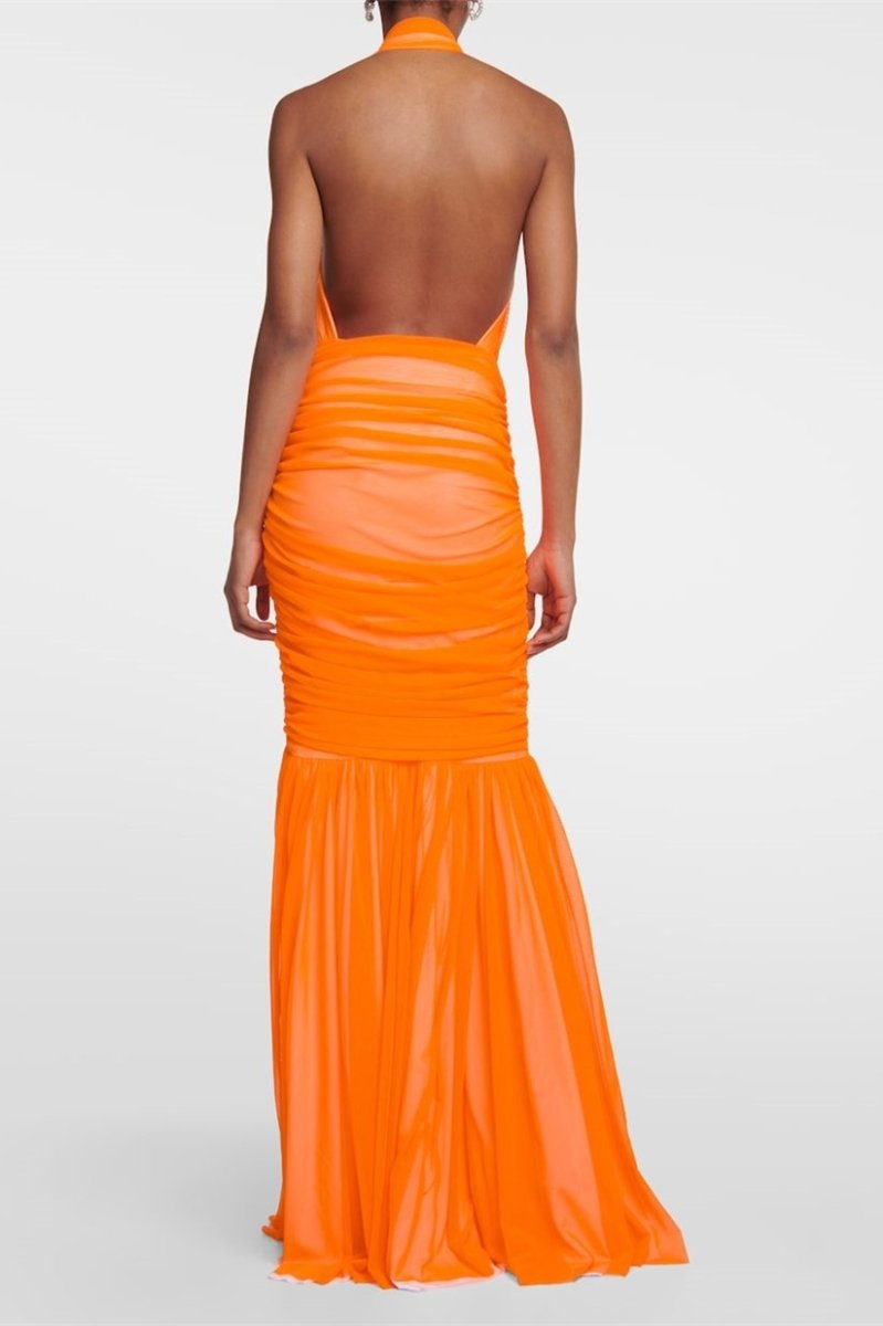 Women's Orange Halter Maxi Dress – Keyhole Cutout, Ruched Bodice, Pleated Skirt, Synthetic-81043-2a257d45-73a4-4c57-aedf-2d115550327e
