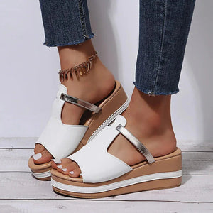 Women's Platform T-Strap Open-Toe Sandals – White, Gold, Black Synthetic Leather-67645-2b4c7f05-2343-45d3-8b79-1c0e608a513c