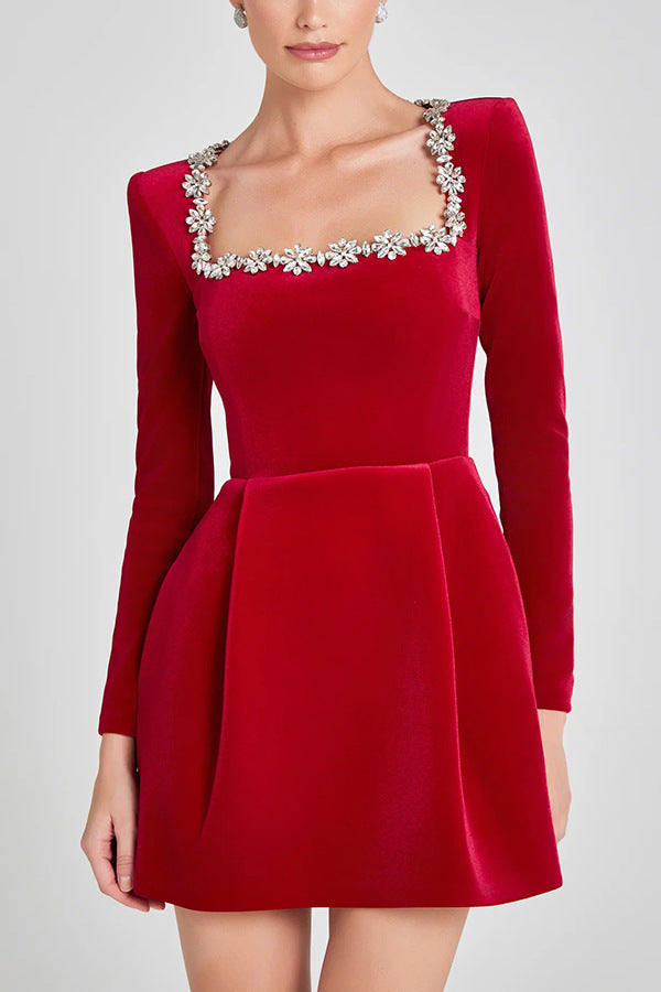 Women's Velvet Dress – Crystal Square Neck, Long Sleeve, Flared Skirt-79858-2d33a8a2-30cc-4648-8ca8-ebc362886d1d