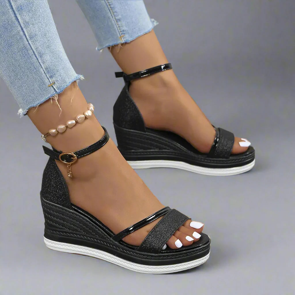 Women's Glitter Wedge Sandals with Ankle Strap, Open Toe & Platform Sole-83231-2e616a90-3f48-4943-851e-944afcab44a3