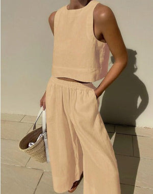 Women's Linen Two-Piece Set – Sleeveless Cropped Top, Wide-Leg Pants, Multiple Colors-81273-2f5cde52-d91a-4fb4-94a8-eedb00970f64