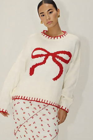 Women's Knit Top – Cream with Large Red Bow, Red Trim, Crew Neck-80702-32db3399-7886-4c47-97c4-474e6a0b41fe