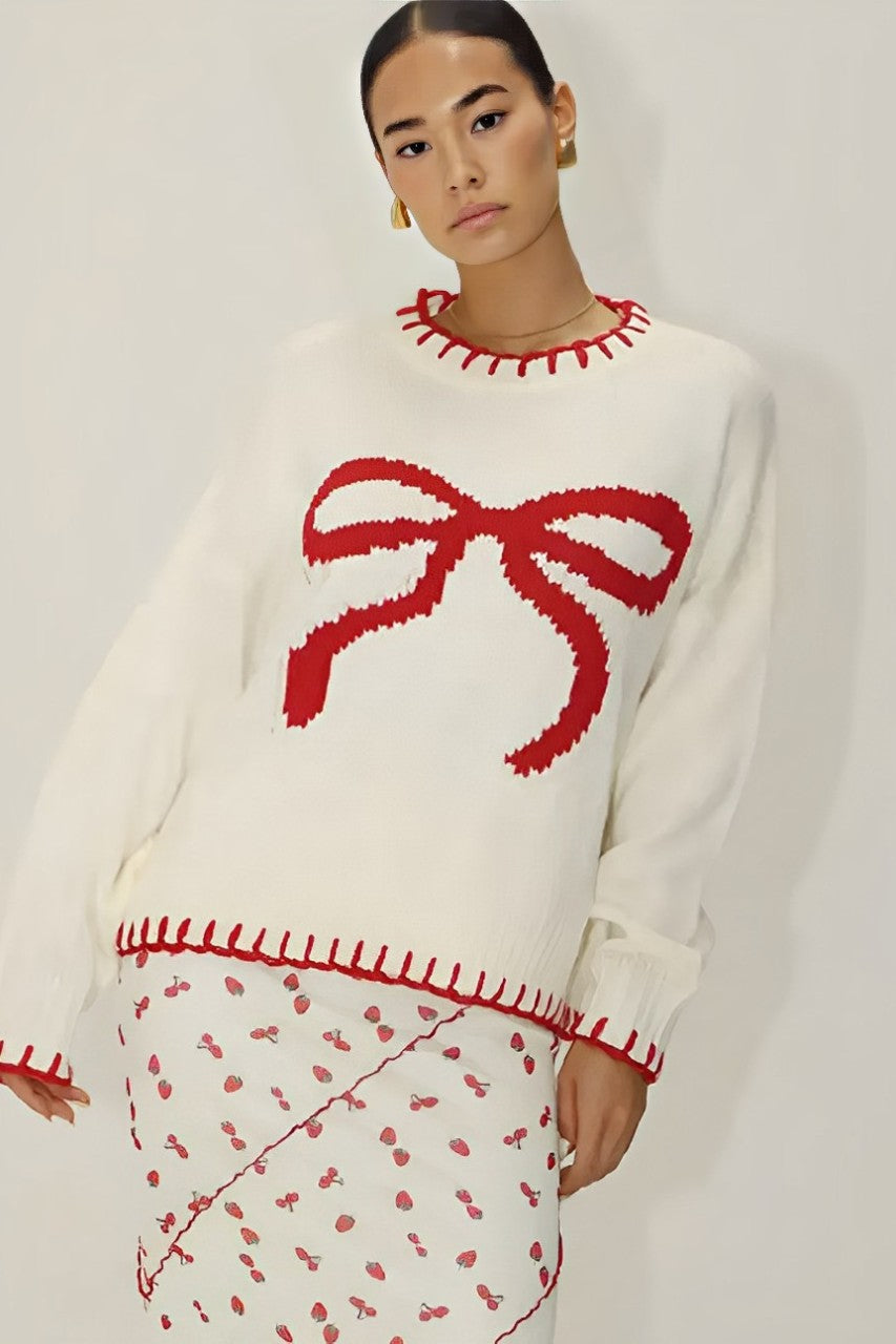 Women's Knit Top – Cream with Large Red Bow, Red Trim, Crew Neck-80702-32db3399-7886-4c47-97c4-474e6a0b41fe
