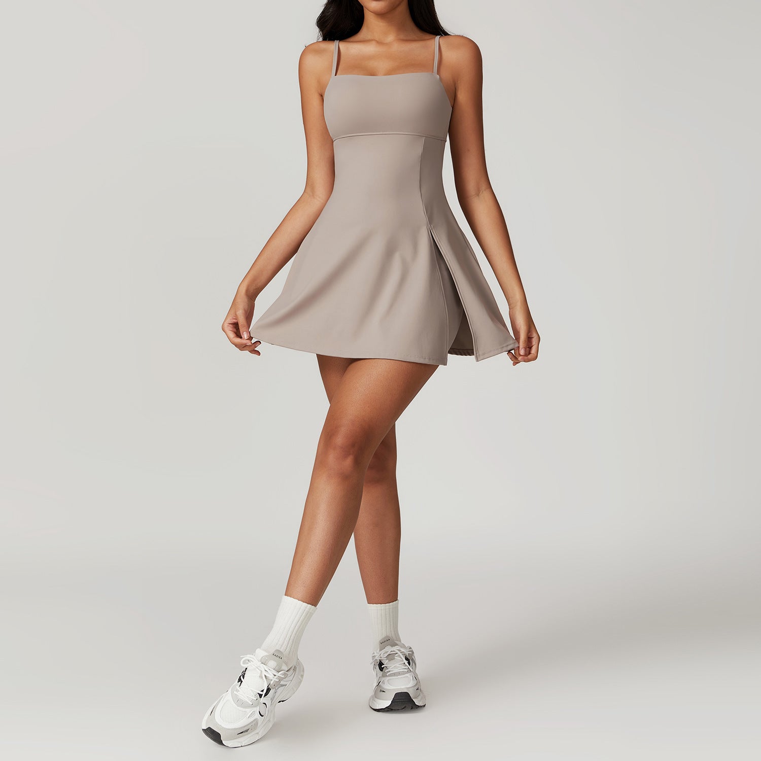 Women's Active A-Line Dress – Square Neck, Built-in Shorts, Side Slit, Polyester Spandex, Athleisure Style-79510-33730b86-cb08-434c-9d26-20357f067243