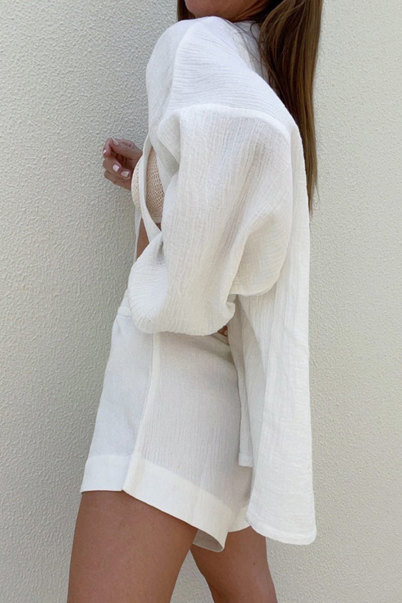 Women's White Textured Wrap Top & High-Waisted Shorts Set with Wide Sleeves, Cotton Blend, Bohemian Style-79799-343211d5-3ccd-4919-8959-7ec5206e4c92