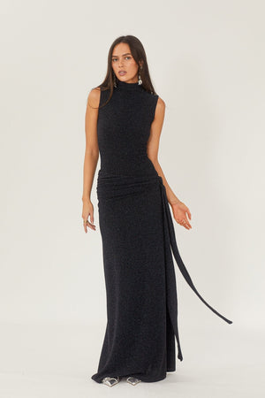 Women's Black Maxi Dress – High Neck, Sleeveless, Gathered Waist, Floor-Length, Elegant Style-81057-34a2bf89-becb-4163-8335-d243753b9afe