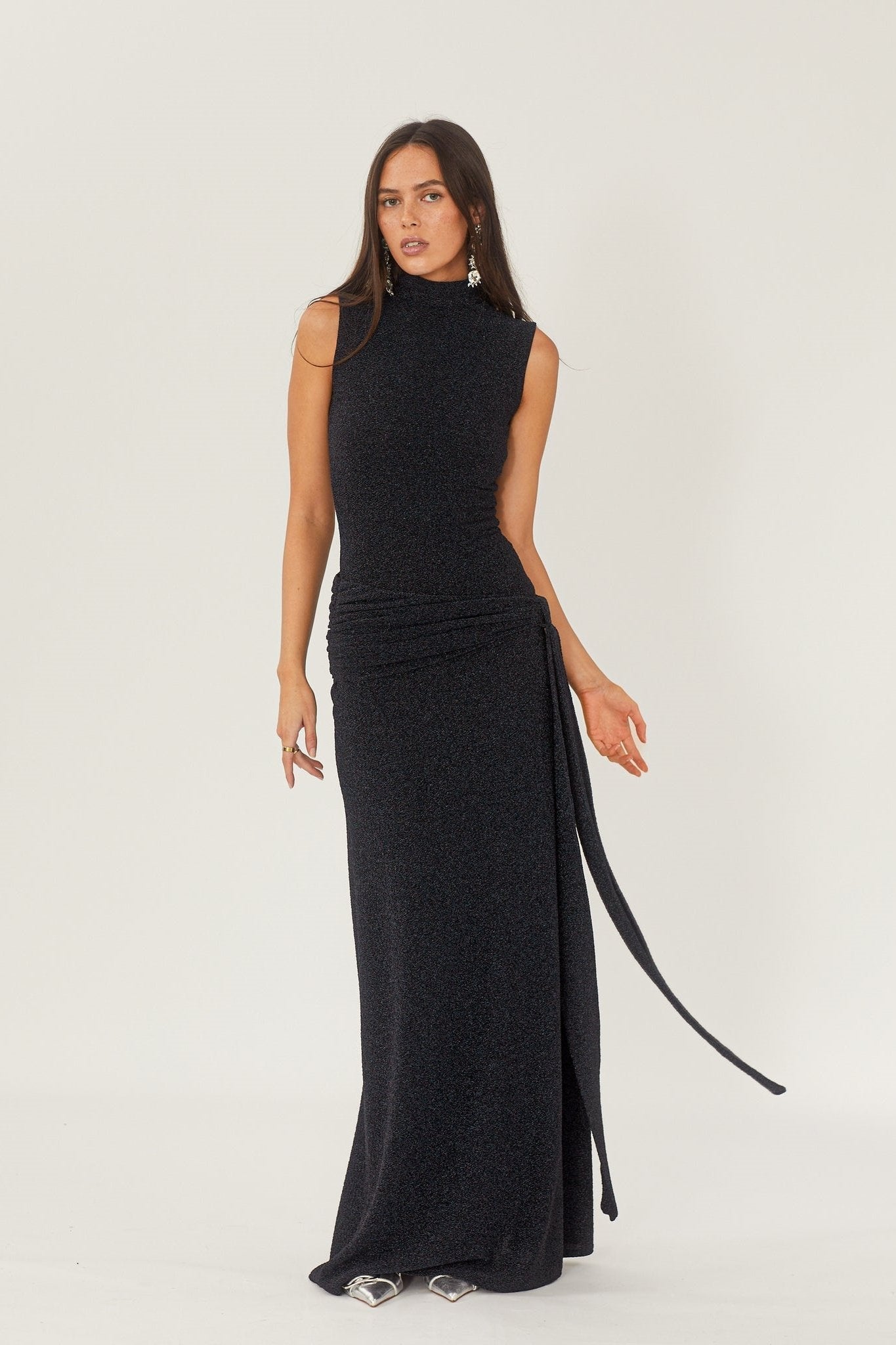 Women's Black Maxi Dress – High Neck, Sleeveless, Gathered Waist, Floor-Length, Elegant Style-81057-34a2bf89-becb-4163-8335-d243753b9afe