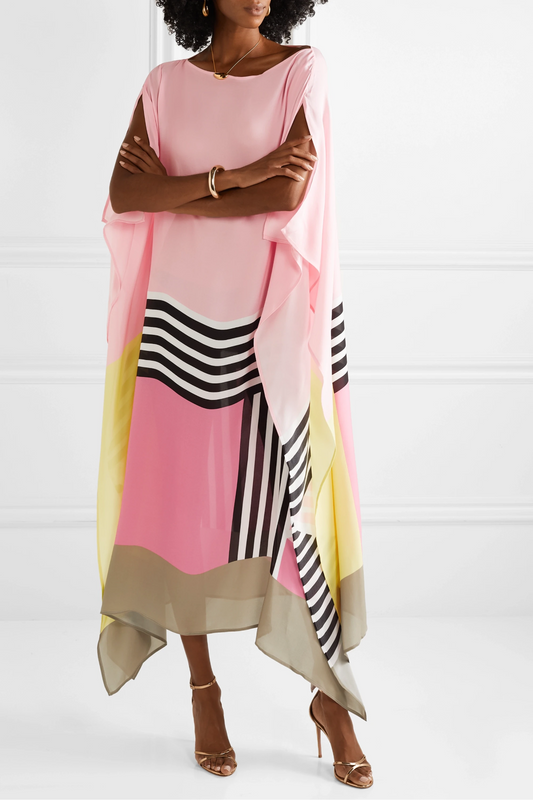 Women's Color-Block Caftan Midi Dress – Silk Blend, Asymmetrical Hem-83243-34c625f3-ded1-4f03-9db6-0d516fb0b0f7