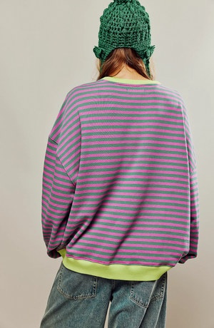 Women's Striped Knit Sweatshirt - Oversized, Long Sleeve, Contrast Trim-81356-34dc51d5-4031-4458-9425-31341dc40df3