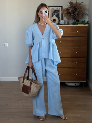 Women's Linen Two-Piece Set – V-Neck Puff Sleeve Top, Wide-Leg Pants-83274-350be112-09bf-4698-93ad-a45ce3b240ee