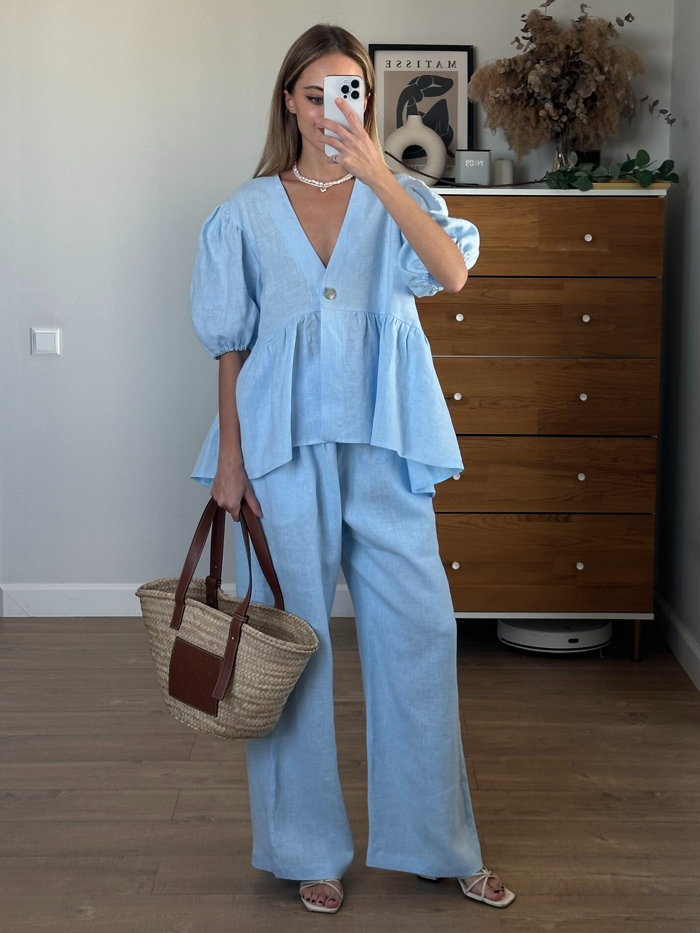 Women's Linen Two-Piece Set – V-Neck Puff Sleeve Top, Wide-Leg Pants-83274-350be112-09bf-4698-93ad-a45ce3b240ee