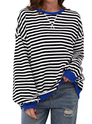 Women's Striped Knit Sweatshirt - Oversized, Long Sleeve, Contrast Trim-81356-35e9bf2d-d30e-427c-b0f3-e29f5baba294