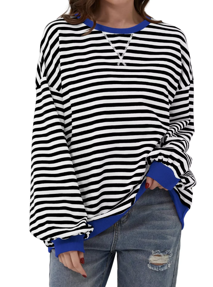 Women's Striped Knit Sweatshirt - Oversized, Long Sleeve, Contrast Trim-81356-35e9bf2d-d30e-427c-b0f3-e29f5baba294