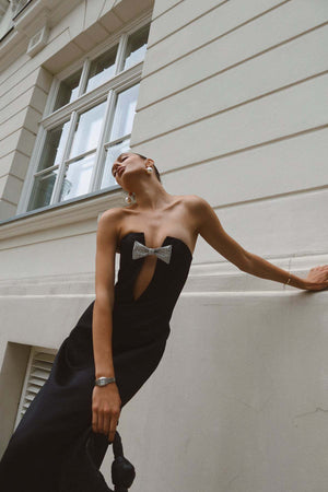 Women's Black Strapless Gown – Embellished Bow, Keyhole, Floor-Length, Silk Satin-81091-3665c09b-5e3c-4eb8-9be5-4b664d0e0dbb