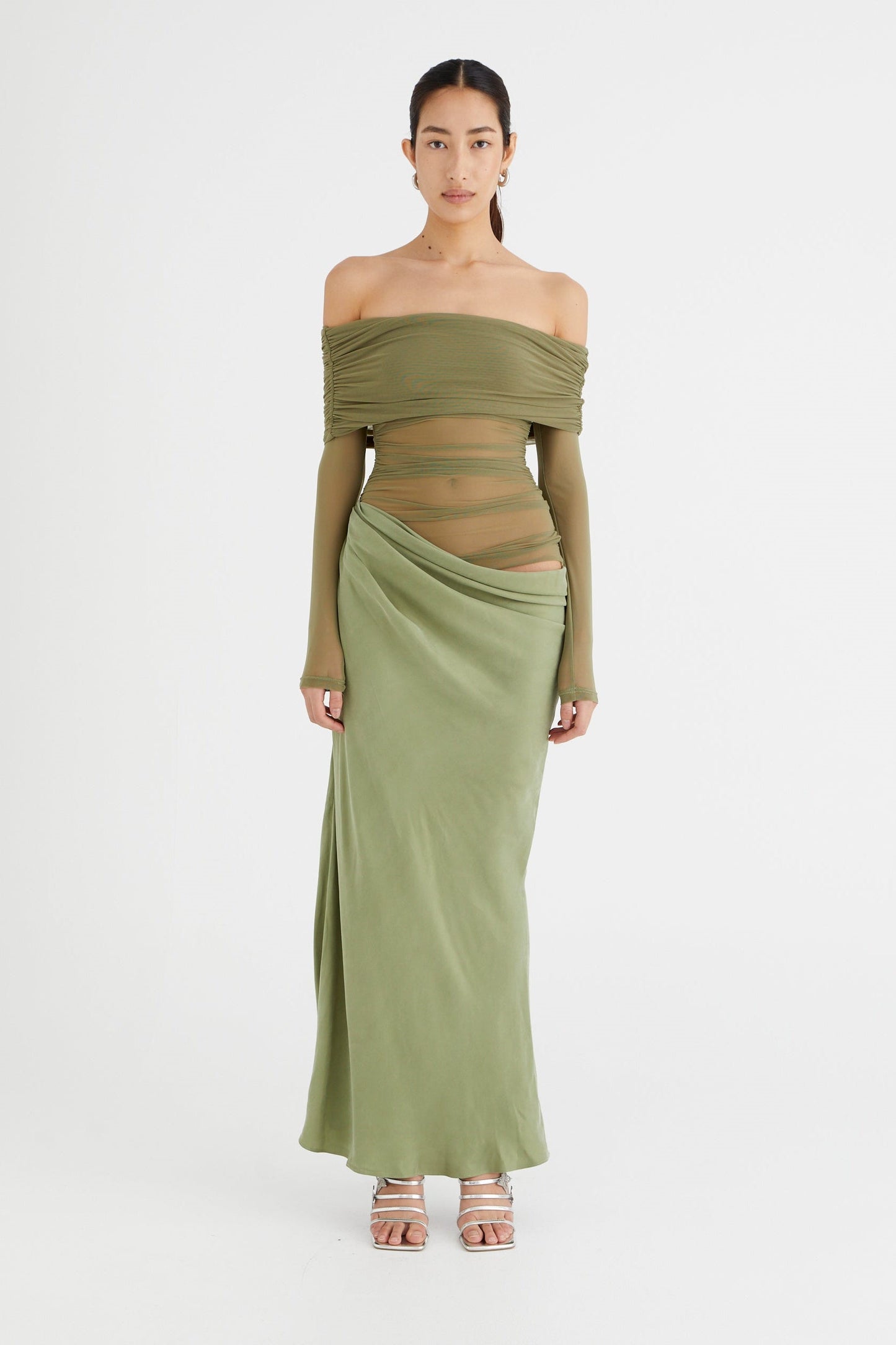 Women's Sheer Mesh Off-Shoulder Maxi Dress - Draped Skirt, Ruched Bodice, Black/Olive Green-81020-36aaad92-b813-41b3-a7c4-bc14e64d1a63