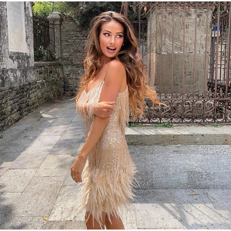 Women's Mini Dress – Fringe Detail Feather Trim Spaghetti Strap-83329-38fc506a-5d25-4de6-9919-8a0db796e7ba