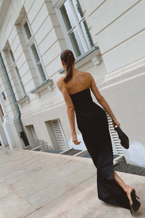 Women's Black Strapless Gown – Embellished Bow, Keyhole, Floor-Length, Silk Satin-81091-392c2b54-bbba-4297-bb70-f35ee58aabad