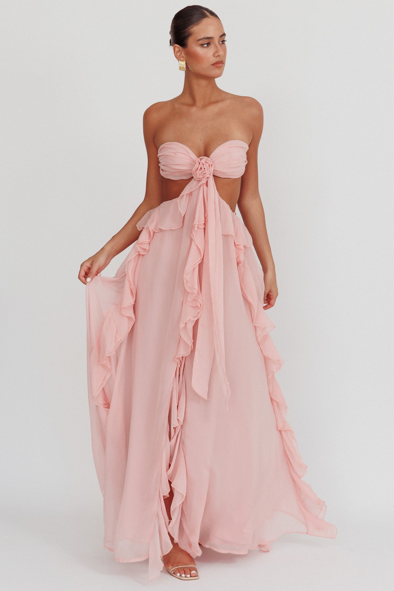 Women's Strapless Ruffle Maxi Dress, Elegant Cut-Out Design-83518-3a3f6633-ffa9-4ca9-90eb-dea00d513b5d