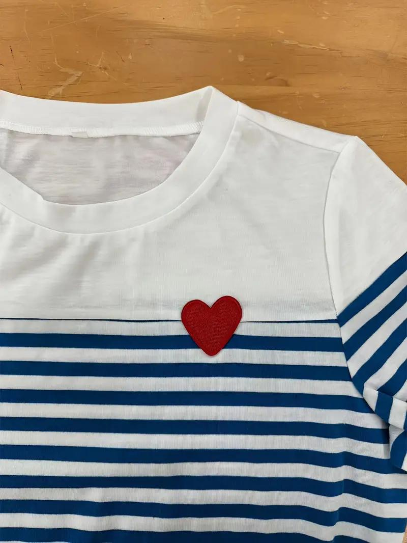 Women's Striped A-Line Short Sleeve Dress – Cotton Blend with Red Heart Appliqué, Casual-82664-3aac4a84-166c-4855-84e6-8ef1de213dcf