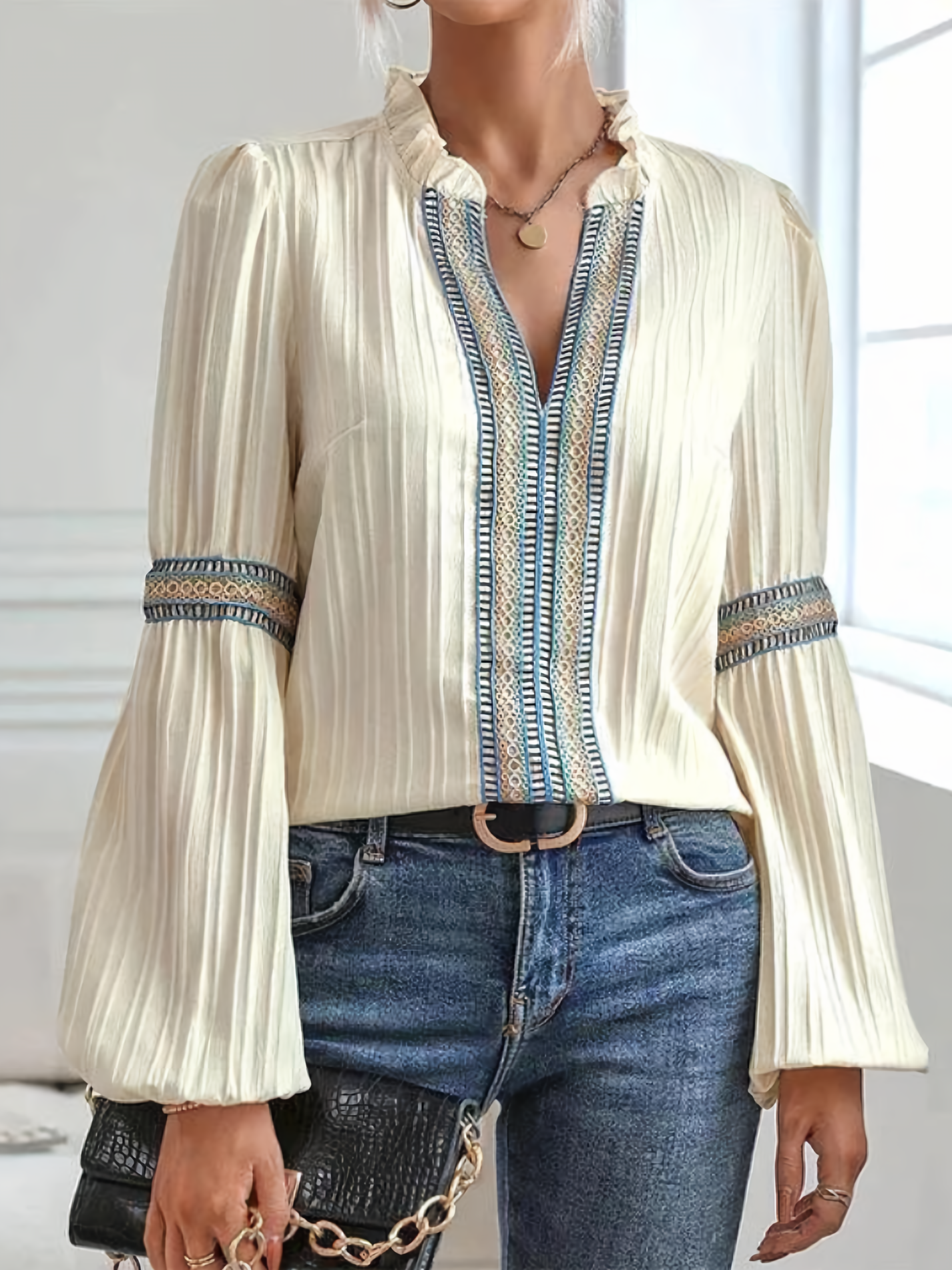 Women's Cream Embroidered Blouse – Pleated Polyester, Puffed Sleeves, Ruffled V-Neck, Bohemian Style, Sydney Wardrobe-77094-3ab162b3-dc2d-40d2-bc48-2046f24b3e6d