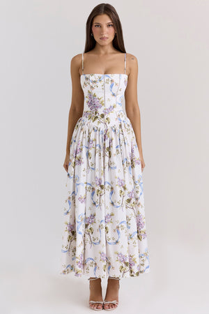 Women's Floral Maxi Dress – White Lightweight Fabric, Fitted Bodice, A-Line Skirt-83226-3adaa8f9-ba39-42ce-8b28-55c055b73308