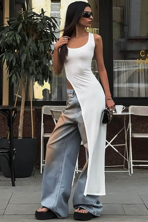 Women's Sleeveless Slit Top – Asymmetrical Hem, Fitted, Black, Red, White-81088-3b47811e-1c33-4da1-8ed0-866939fafd17