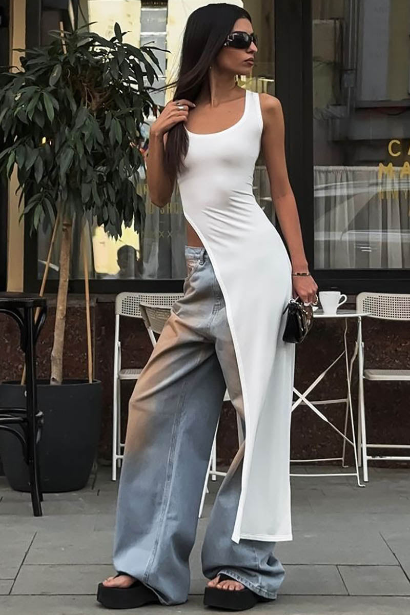 Women's Sleeveless Slit Top – Asymmetrical Hem, Fitted, Black, Red, White-81088-3b47811e-1c33-4da1-8ed0-866939fafd17