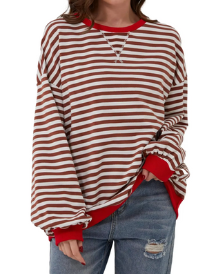 Women's Striped Knit Sweatshirt - Oversized, Long Sleeve, Contrast Trim-81356-3b5248a2-1013-4e96-b032-bf263467eb04