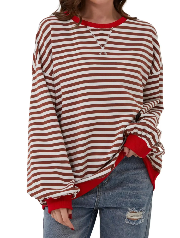 Women's Striped Knit Sweatshirt - Oversized, Long Sleeve, Contrast Trim-81356-3b5248a2-1013-4e96-b032-bf263467eb04
