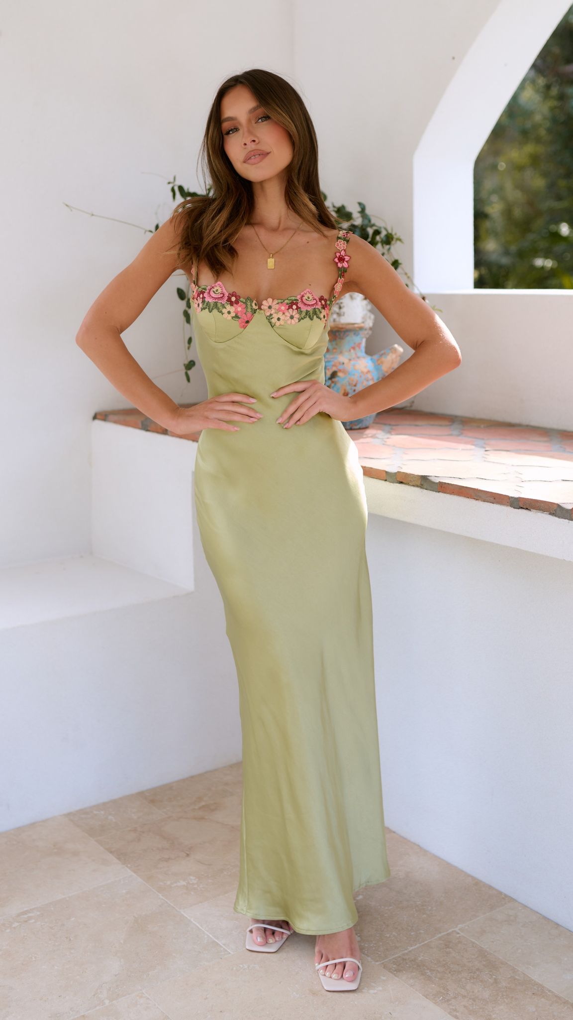 Women's Green Silk Feel Maxi Slip Dress – Embroidered Floral Straps-83165-3c186313-aeca-4190-a2a1-303b11f99270