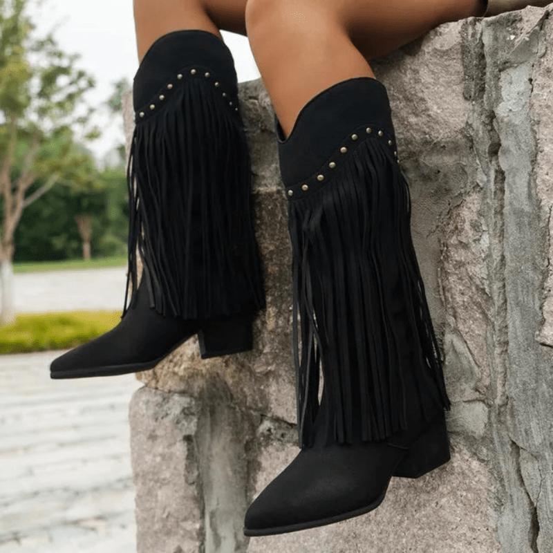 Women's Knee-High Boots – Tan Suede, Fringe, Metallic Studs, Block Heel, Pointed Toe-67732-3c1afbb2-1acc-4a65-ab5b-3c14288c8863