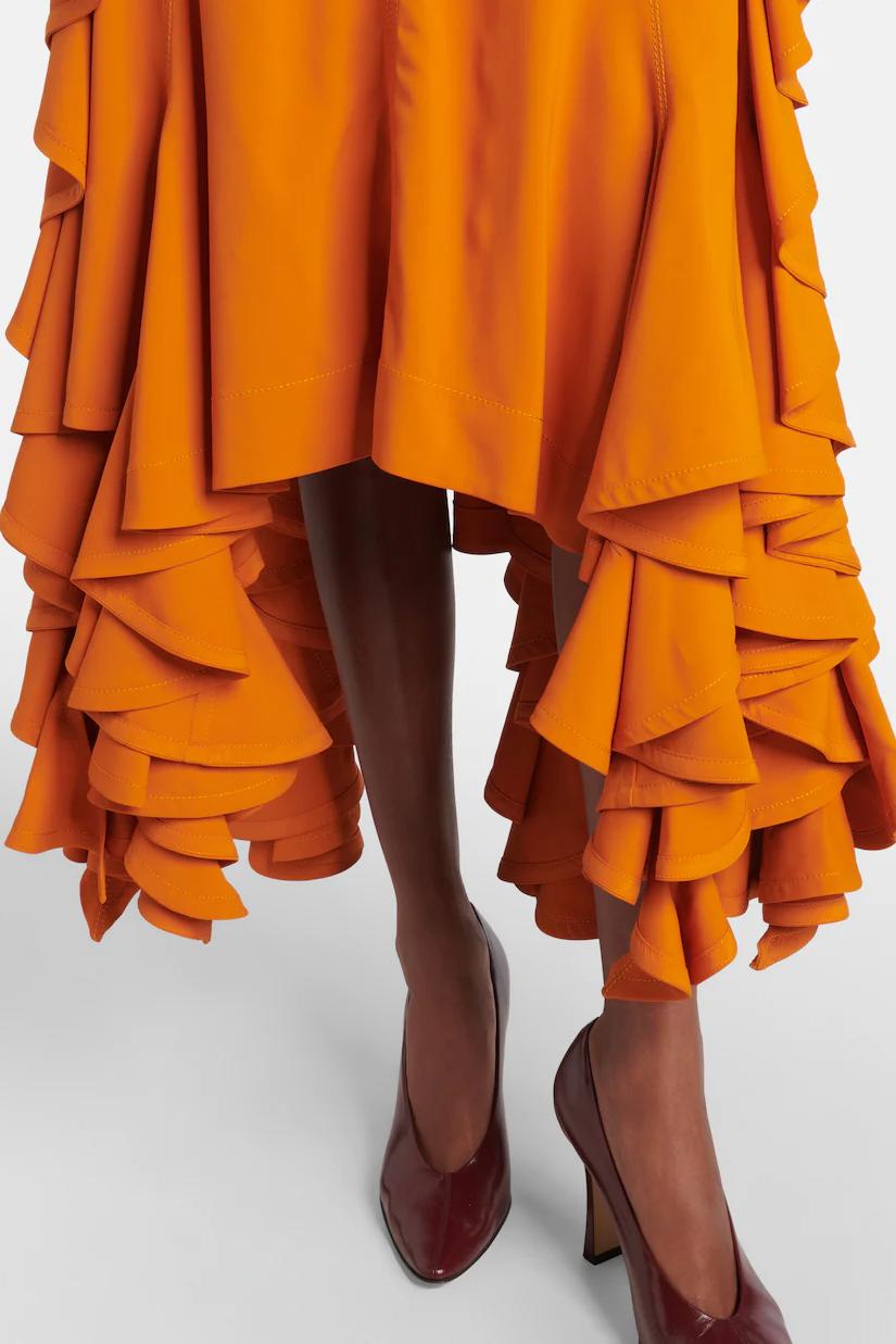 Women's Orange Ruffled High-Low Dress – Sleeveless V-Neck Elegant Modern Style-81084-3c588386-0dd5-404f-a723-96db47d04563