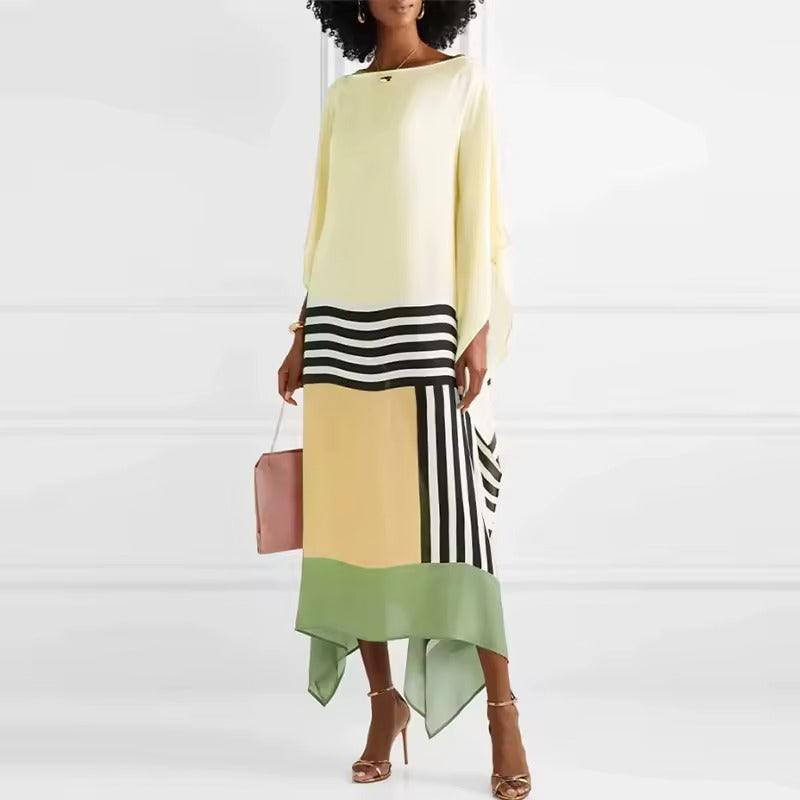 Women's Color-Block Caftan Midi Dress – Silk Blend, Asymmetrical Hem-83243-3e0cba72-f57e-4f75-9cd7-b9b02186267e