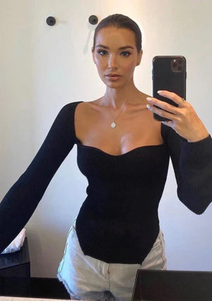 Women's Ribbed Knit Long Sleeve Top – Square Neck, Asymmetrical Hem, Form-Fitting-77124-3f48278e-54a1-489e-99be-43abfebd3bc2
