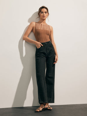 Women's Sleeveless Ribbed Knit Top – Sheer Panel, Fitted, Brown/Black-81360-3f6b3de9-bcbd-40c4-a11e-960a3570f746