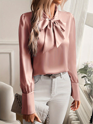Women's Satin Blouse – Bow Tie Neckline, Puffed Sleeves, Navy/Pink-81414-3fc6f83c-48b4-4190-b620-2eecaa41a012