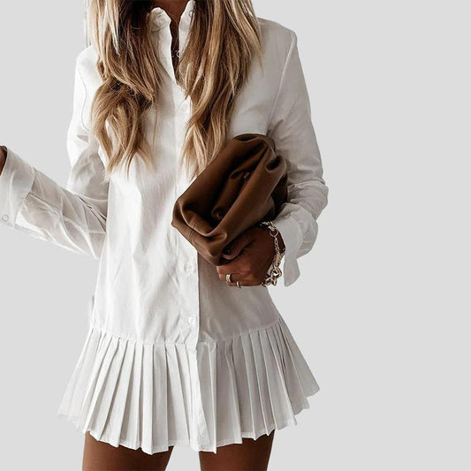 Women's Shirt Dress – Button-Down, Pleated Skirt, Long Sleeve, Cotton Blend, Black White Beige-77166-3fda8650-f45d-4cce-8e27-a04e79c3d614