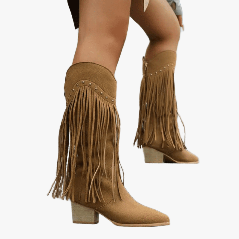 Women's Knee-High Boots – Tan Suede, Fringe, Metallic Studs, Block Heel, Pointed Toe-67732-3ff0531c-c7fa-4c74-9d95-8ba9c4387a98