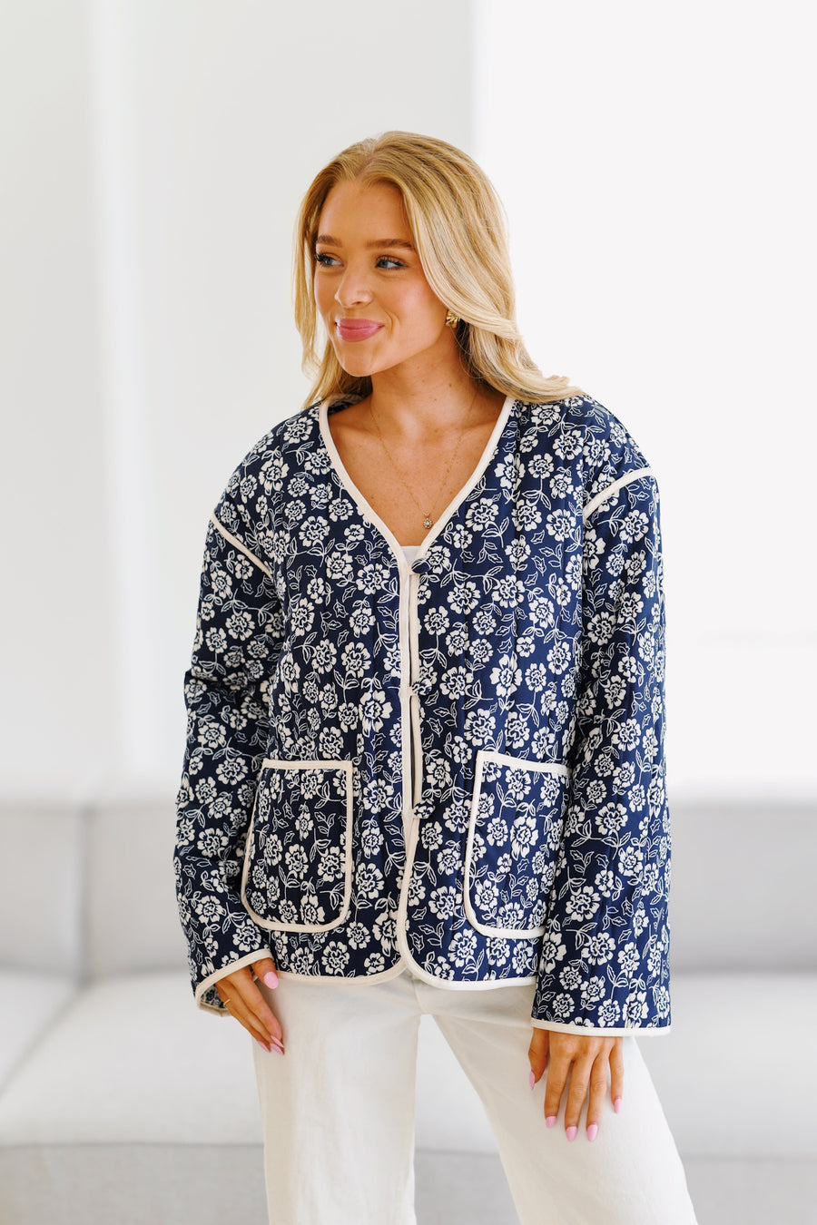 Women's Navy Floral V-Neck Jacket with Cream Piping, Long-Sleeved Classic Style-80650-40cc7890-8688-4ab2-a77a-135c676760bd