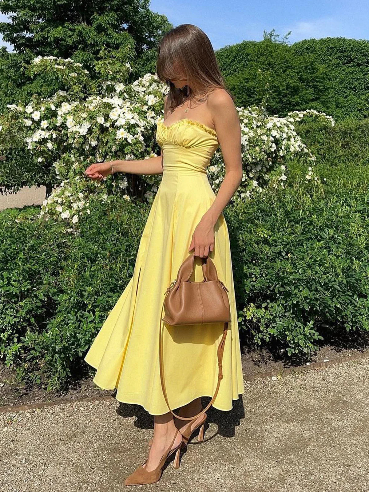 Women's Yellow Strapless Dress – Ruffled Neckline, A-Line, Side Slit-77076-414e7749-f462-4222-86e1-bf98c7c9409c