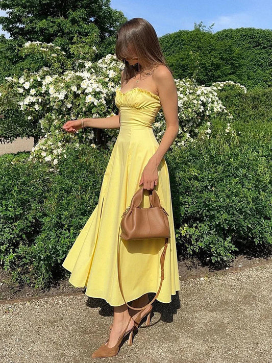 Women's Yellow Strapless Dress – Ruffled Neckline, A-Line, Side Slit-77076-414e7749-f462-4222-86e1-bf98c7c9409c