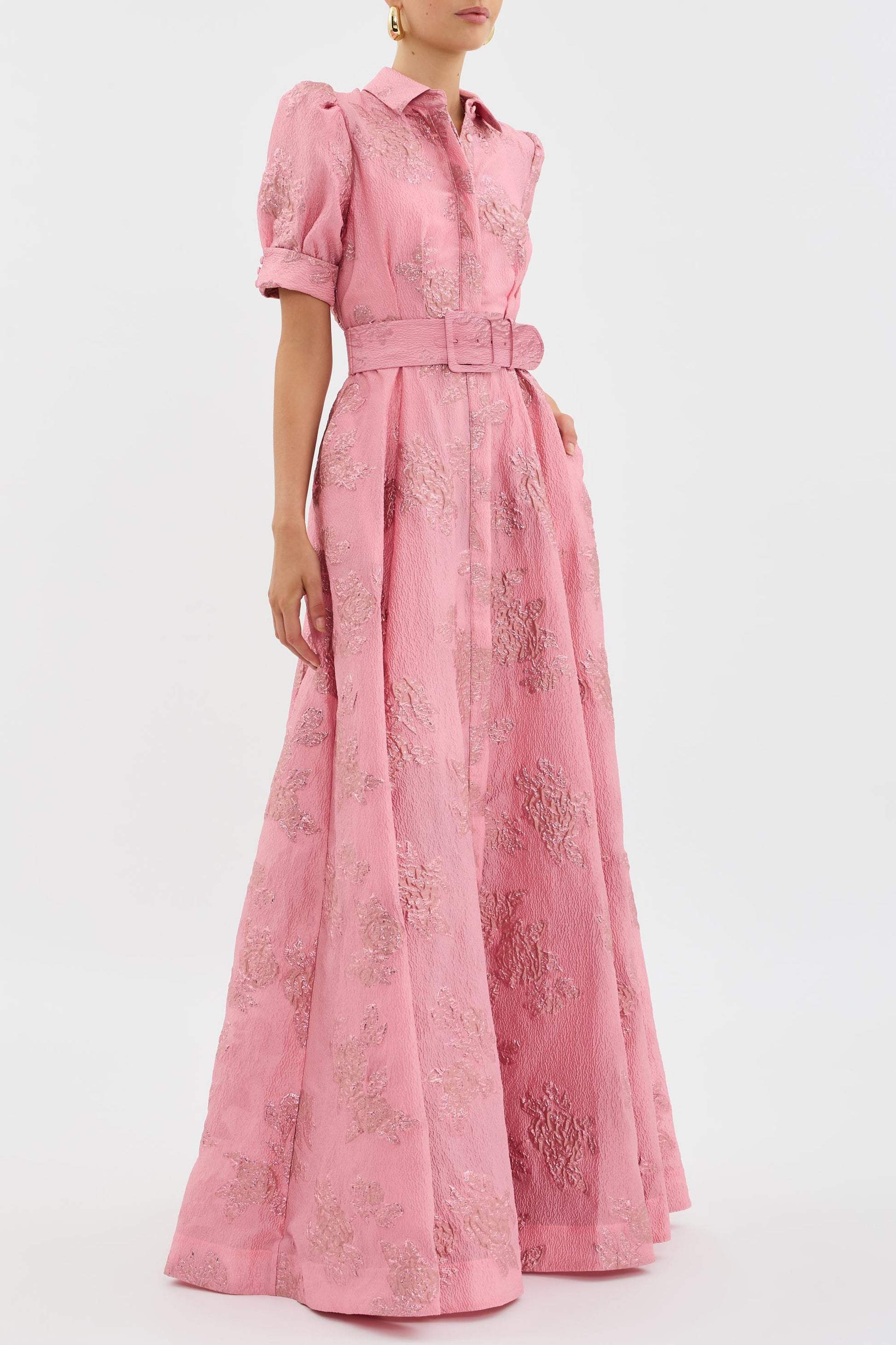 Women's Pink Brocade Maxi Dress – Shirt-Style Top, Belted Waist, Puffed Sleeves, Floral Pattern-83248-4155a4b9-93ac-40bc-85f0-bf74f384af9a
