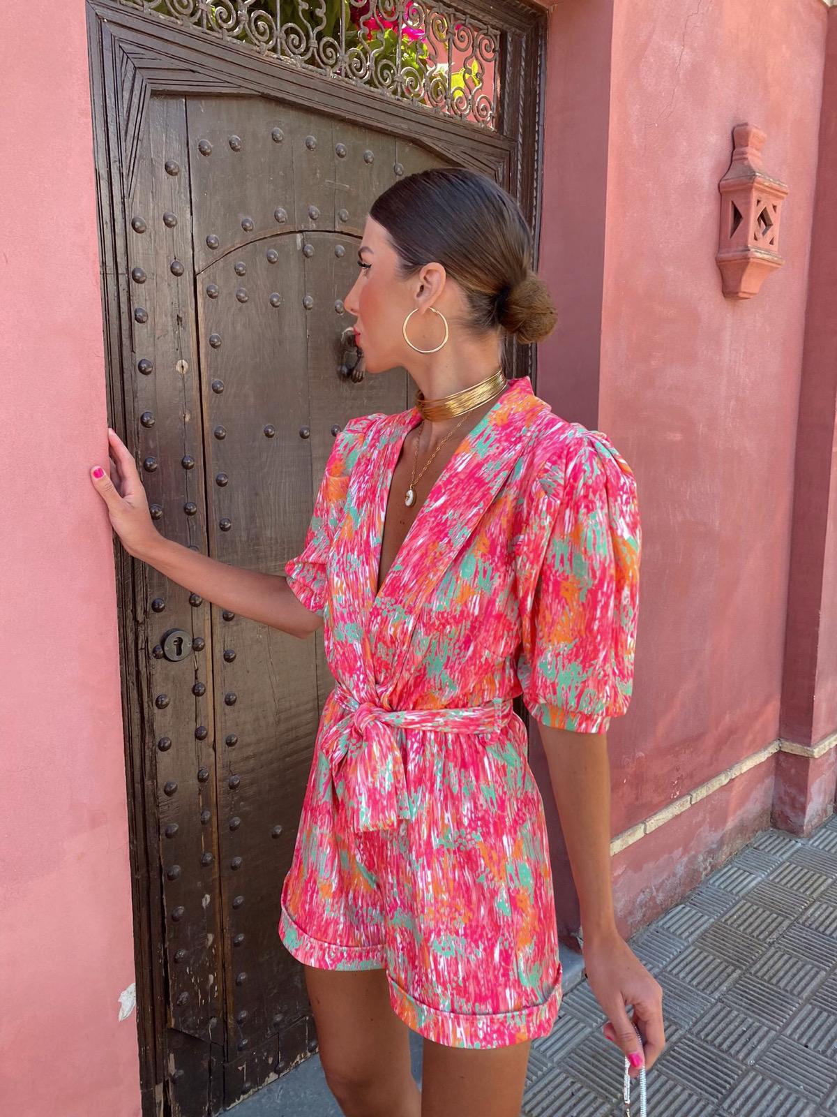 Women's Abstract Print Wrap Romper – Silk Blend, Deep V-Neck, Short Sleeve-78406-423d8b10-29dc-461d-a6ac-ebd98c0832cb