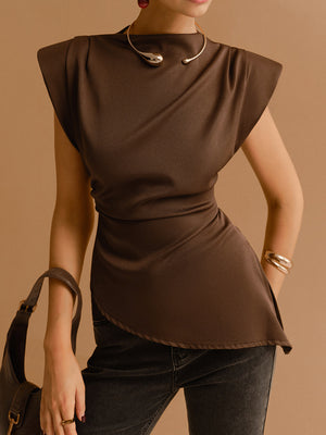 Women's Brown Satin Top – Structured Shoulder, Wrap Waist, High Neck-83250-47a426db-a4f1-4467-bc0d-a3d9b5c70f8f