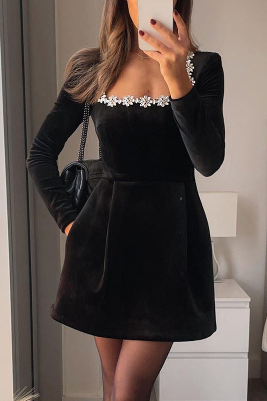 Women's Velvet Dress – Crystal Square Neck, Long Sleeve, Flared Skirt-79858-48fefc00-30b6-4e92-a034-ef36294e1007