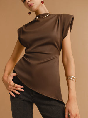Women's Brown Satin Top – Structured Shoulder, Wrap Waist, High Neck-83250-49d2295a-6b6e-402a-9c88-c1a406fa776b