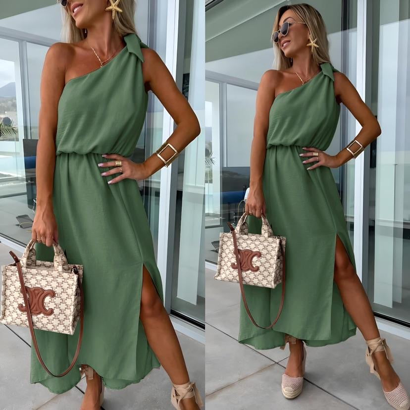 Women's Maxi Dress – One-Shoulder, Asymmetrical Neckline, Side Slit, Waist Tie-83342-4a466b68-4714-4151-8f0a-3a58835f207b